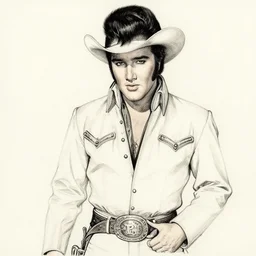 detailed ink drawing of elvis presley as an outlaw cowboy he wears a big coat, scruffy. character concept art. royo, artgerm, wlop. fashion. dnd. trending on artstation.
