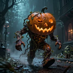 fantasy monster concept art, a jack o lantern monster with vines for a body walking down a street of nightmares, dynamic lighting, photorealistic, trending on art station, stunning visuals, creative, cinematic, ultra detailed, atmospherical, ambient lighting, scary art, eery art