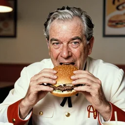 An old vintage photograph of Colonel Sanders secretly eating a burger at McDonalds, 4k, highly detailed, photorealistic