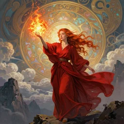 a beautiful mage casting a fireball, ginger hair with freckles inspired by annie, face like daenerys and sophie turner, wearing long flowing red robes blowing in the wind inspired by alphonse mucha, standing on a mountain top, epic clouds and godlike lighting, intricate illustration and highly detailed digital painting. concept art by artgerm. inspired by brom art and larry elmore.