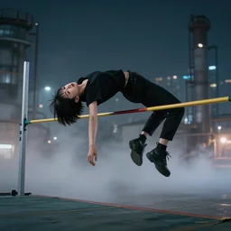 a young woman in black clothes, short black hair, lands from a high jump on the ground in an industrial city at night. fog billows around her from the landing, artstation, artgerm
