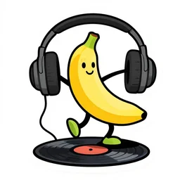 svg sticker of a Dancing-Banana, at a rave, spinning records, giant headphones rocking out, wearing headphones, huge speakers, dancing, rave, DJ, spinning records, digital art, amazing composition, rule-of-thirds, award-winning, trending on artstation, featured on deviantart