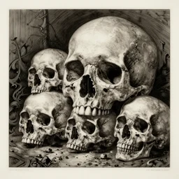 by amano, detailed realistic etching, memento mori, gothic, skulls, bones, art nouveau