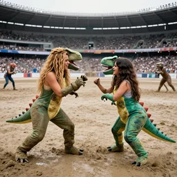 long shot of Shakira and Selena Gomez wearing dinosaur costume mud fighting in a giant arena, 35mm, HD