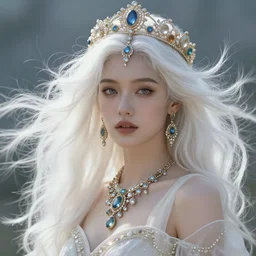 a beautiful white haired young woman, adorned with precious stones, tiara and necklace by jeremy mann and alphonse mucha, photo realistic, dynamic lighting, windy, artstation, poster, dreamy, volumetric lighting, ethereal, 4 k, high detail