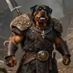 grinning rottweiler barbarian, fantasy warrior, drooling, ultra detailed, 4 k, style of norman rockwell, style of richard corben.