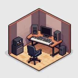 16 bit pixel art aerial view of a home music studio