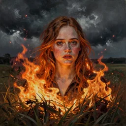 Elle Fanning engulfed in flame in a field in the world of Adam Wyeth, head and shoulders portrait, stormy weather, extremely detailed masterpiece, oil on canvas, low-key neon lighting, artstation, Blade Runner 2049, Roger Deakin’s cinematography, by J. C. Leyendecker and Peter Paul Rubens and Edward Hopper and Michael Sowa,