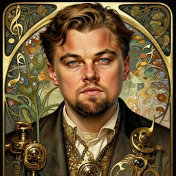 portrait of leonardo dicaprio, volumetric lights, feast, music notes, art nouveau botanicals, gothic, intricate, highly detailed, digital painting, artstation, concept art, smooth, sharp focus, symmetric face, illustration, steampunk, art by artgerm and greg rutkowski and alphonse mucha
