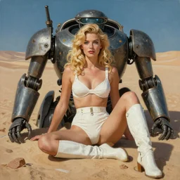 A mixed media portrait painting of a beautiful blonde woman sitting in the sand on a desert alien planet, discarded mech in background, very curvy, aesthetic! white high-waisted bikini-armor and boots, aesthetic symmetrical face and eyes, model, Scandinavian, by Boris Vallejo, Beeple, Frank Frazetta, Greg Rutkowski, Christian MacNevin, Alphonse Mucha, epic fantasy character art, high fantasy, CGsociety, 60's Sci-fi Pinup style, exquisite detail, post-processing, masterpiece, cinematic