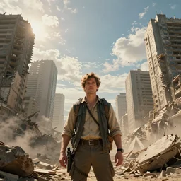 highly detailed shot of a male explorer facing the camera in front of a rubble city, rule of thirds, character focus, perfect composition, cinematic view, epic sky, detailed, concept art, low angle, high detail, warm lighting, volumetric, godrays, vivid, beautiful, by jordan grimmer, art greg rutkowski, award winning photography