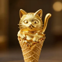 golden icecream cone made of gold that looks like a cat, atmospheric, golden, shiny, beautiful, food photography