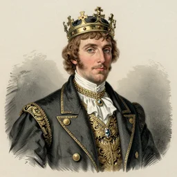 Lord Auberon wearing an exquisite suit and a crown, color illustration by Arthur Rackham
