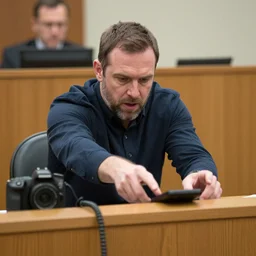 Alex Jones desperately reaching for his out of reach phone in the courtroom, (EOS 5DS R, ISO100, f/8, 1/125, 84mm, RAW, sharpen, unblur, high tech)