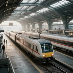 photo of epic futuristic train station, 1970's trains, leica, lomo, soft light, morning light, photorealistic, details, octane render, cryengine, 8k, cinematic shot