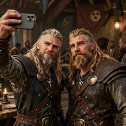 Two viking brothers taking a selfie in a crowded tavern, dof, Octane Render, intricately detailed, 8k