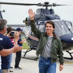 Tom Cruise waving to fans. He's wearing blue jeans and a green jacket, Ralph Lauren. A helicopter is in the background. Shallow depth of field