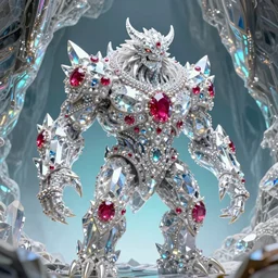 a majestic rock humanoid monster. made of crystals, rubies and diamonds. d & d. shining surfaces. monstrous creature. in front of an iridescent cave background. white to cyan gradient. high details. 4 k