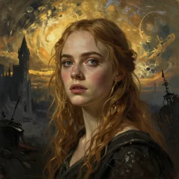 Elle Fanning in the painted world of Dark Souls, head and shoulders masterpiece, apocalypse, golden hour, cosmic horror, artstation, in the style of Andrew Wyeth and Edward Hopper and Bosch, extremely detailed