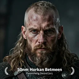 portrait of a weathered rugged Viking warrior face after an epic fight, 50mm
