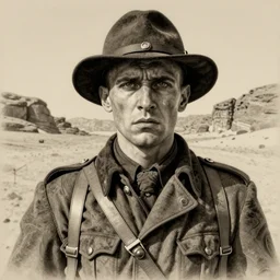 a detailed photorealistic sepia - toned color line drawing of a 1 9 1 7 worried clean - shaven british lieutenant in detailed field gear not wearing a hat in wadi rum, ultra realistic, painted, intricate details, symmetrical features, lovecraft, atmospheric, dark, horror, brooding, highly detailed, by clyde caldwell