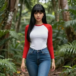 latina anime girl using tight white and red raglan sleeves, tight blue jeans and cool shoes, silky long black hair with bangs in a tropical forest n - 9