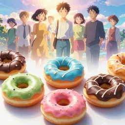 colored donuts, chocolate, fantasy art by greg, loish, rhads, ferdinand knab, makoto shinkai and lois van baarle, ilya kuvshinov, rossdraws, tom bagshaw, dreamy, soft, backlight, luminescence, highly detailed, 8 k