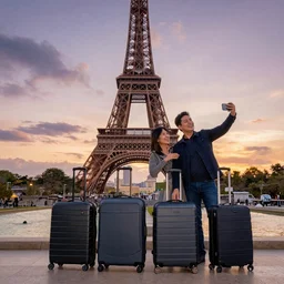 a family of samsonite luggage taking selfies near the Eiffel Tower during a Paris sunset with many beautiful colors by NOAH BRADLEY