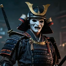 portrait of scary Godlike masked and helmeted samurai in the style of Wallace and Gromit , low angle , award winning , post processing , suspenseful , masterpiece , octane rendered