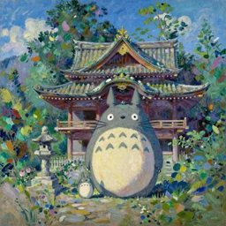 very small kawai yokai in front of a japanese temple in the mountain. gorgeous epic nature, lofi, vivid colors, amazing light, by jeremy lipkin, by claude monet, heavily inspired by makoto shinkai, kandinsky touches, inspired by ghibli, masterpiece, multiple brush strokes, impressionist style