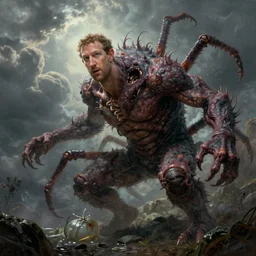 mark zuckerberg clawing away his own skin to reveal the monster underneath, like a parasite escaping it's host, epic fantasy painting, cinematic pose