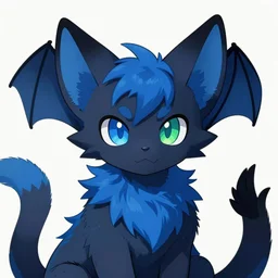 a blue - and - black male catbat fursona ( from the furry fandom ) with blue / green heterochromatic eyes and huge bat ears, vtuber