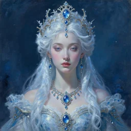 full - body - portrait of one beautiful stunning peaceful majestic ice queen wearing intricate jewelry, oil on canvas, baroque style, perfect symmetrical face, mood lighting, ornate and elegant, winter, philosophical, painterly, 🌚, digital art, detailed, trending on artstation