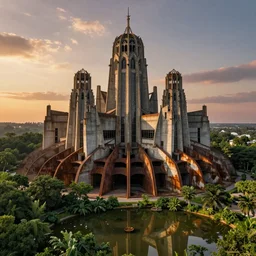 an extremely detailed cathedral of brutalist architecture, surrounded by lush green forest, accurate reflections in murky ponds of water, stunning volumetric lighting, sunset, rusted steel, smooth concrete, stunning skies, trending on Artstation, 8k, photorealistic, hyper detailed, unreal engine 5, IMAX quality, cinematic, epic lighting, in the style of Greg Rutkowski