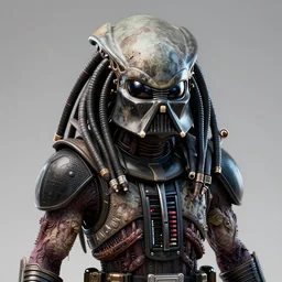 a lovecraft space zombie fused with predator and vader wearing a damaged helmet, photo, portrait, 3d, high details, intricate details, by vincent di fate, artgerm julie bell beeple, 80s, concept art, Smooth gradients, octane render, 8k, High contrast, duo tone, depth of field, very coherent symmetrical artwork