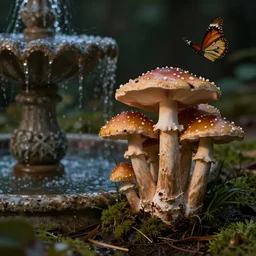 mushrooms next to water fountain and butterflies
