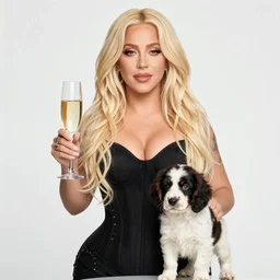 blonde christina aguilera with glass of champagne in her hand and a spaniel puppy on her lap. teal. art by mucha