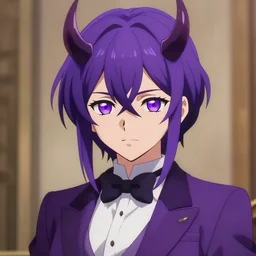 beautiful anime woman with purple hair, a ( ( ( ( ( ( ( ( horn on her forehead ) ) ) ) ) ) ) ) ( ( ( purple eyes ) ) ), a purple tuxedo, sharp focus, intricate, cell shaded, award winning photography, cinematic, digital painting, cinematic, wlop, 8 k, by ross tran, tom bagshaw