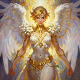 full body oil painting of tracer overwatch in the style of frank frazetta, angel wings, dramatic painting, symmetrical composition, ornate, golden chains, high detail, gold detailed collar!!!!!, blooming, angelic, lights, flowers, heavenly, bright, detailed face,