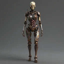 Techno-biological rusty robot geisha consisting of veins, bones, kidneys, wires. Biopunk, body armor, high detail, photorealism, full length view, concept art, octane render, 16k, 8k