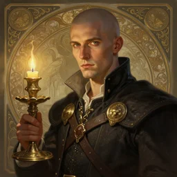 a mind - blowing portrait of a fortune seeker male, clean shaven, holding a candle holder, wearing dark maritime clothing, intelligent, deep focus, d & d, fantasy, intricate, elegant, highly detailed, digital painting, artstation, concept art, matte, sharp, illustration, hearthstone, art by artgerm and greg rutkowski and alphonse mucha