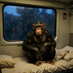 chimpanzee inside of a train compartment room sitting on bed, rainy window, night, night time, soft lighting