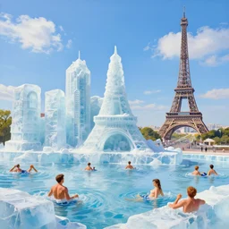 a funny painting of ice sculptures made of icecream in the shape of the skyline of paris and eiffel tower on a very bright sunny summer day, very hot and the ice is melting fast and people are swimming their way through the icecream in the style of james jean and fernando botero