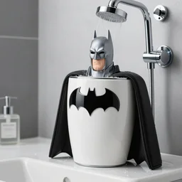 cinematic photoshoot of clean modern hand crafted batman taking a shower in milk pro display xpr luxury smooth color metal white silver with black leather padding well design ultrareallistic detailed high quality 8 k photorealistic ultra realistic