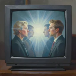 a painting of people without eyes being brainwashed by a giant crt television