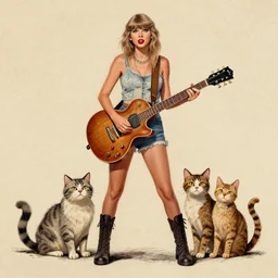 taylor swift in battle armour with her cats side by side drawn in a rustic 1 9 5 0 s cartoon style, elaborate, high quality, detailed