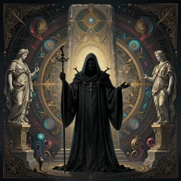 A digital intricate illustration concept art of grim reaper in front of giant monolith inspired art by Renato muccillo and Andreas Rocha and Johanna Rupprecht + dofus colors, wakfu colors + symmetry + greco-roman art, intricate complexity, epic composition, magical atmosphere, highly detailed, cinematic lighting + masterpiece, trending on artstation + 8k