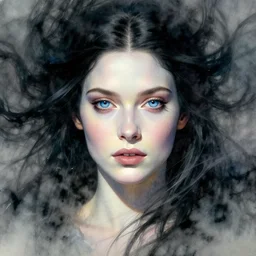 beautiful face of a magical queen, with pale skin, blue eyes, long black hair, floating in a misty daze,  by pete mohrbacher and greg rutkowski, watercolor painting, deviantart, pinterest, symmetrical portrait, game of thrones