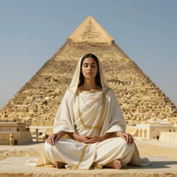 a high priestess sitting cross - legged in front of a golden pyramid, by abdul mati klarwein