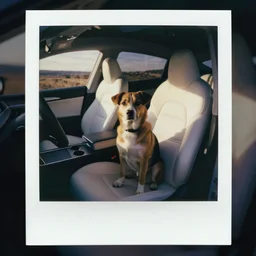 polaroid photo of a dog sitting in the driver seat of a tesla